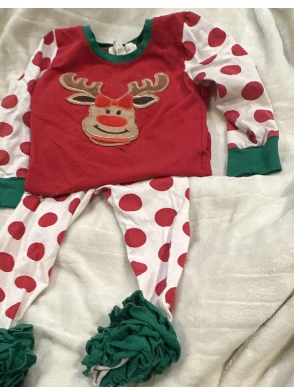 Kids Red Reindeer Pajama Set with Green Trim